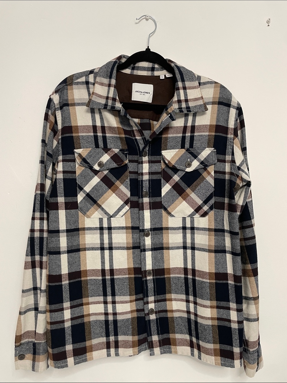 Jack & Jones Men's Plaid Button-Down Shirt - Navy, Beige, Brown